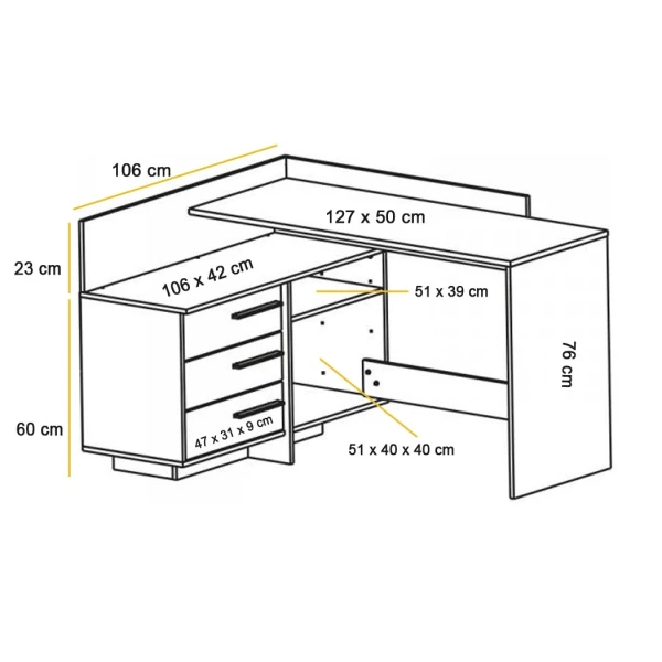 escritorio em L com gavetas