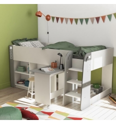 Cama alta juvenil com secretária extraível com rodas e estantes. Prática e moderna