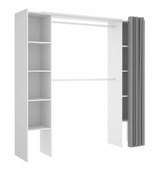 Closet aberto com 2 colunas e cortina. 2 barras para cabides. 10 prateleiras. Medida ajustável.