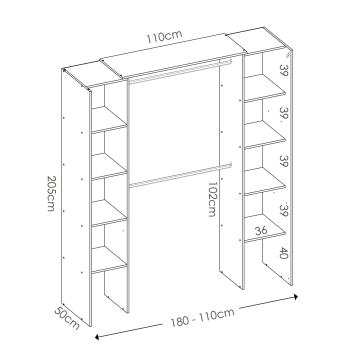 Closet aberto com 2 colunas e cortina. 2 barras para cabides. 10 prateleiras. Medida ajustável.
