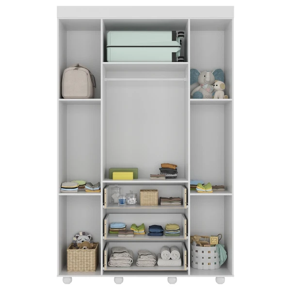 Guarda-roupa infantil branco BUBBLES com 4 portas e 3 gavetas, design moderno e espaçoso
