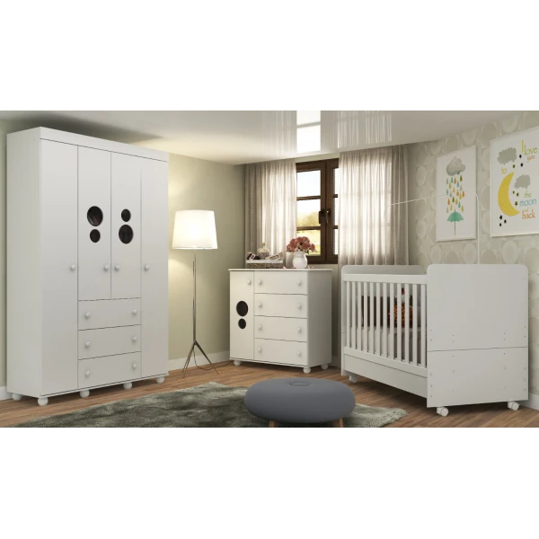 Guarda-roupa infantil branco BUBBLES com 4 portas e 3 gavetas, design moderno e espaçoso