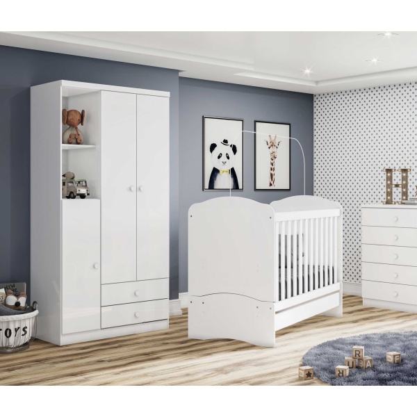 Armário Infantil Mint aberto com nichos, cabideiro e gavetas, ideal para organização do quarto infantil.