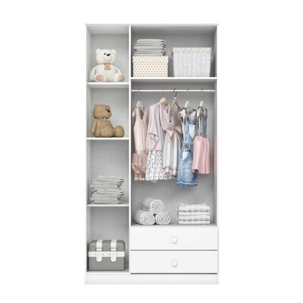 Armário Infantil Mint em ambiente infantil decorado, combinação madeira e branco para quarto moderno.
