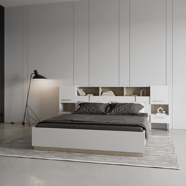 Decoração de interiores com Cama com Design Minimalista Nord, tons neutros e madeira