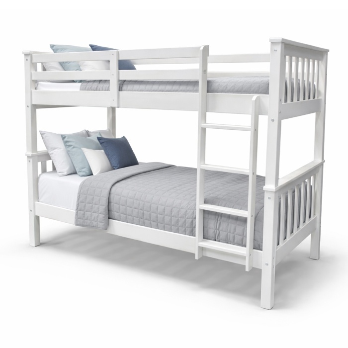 Beliche em madeira Minerva Vicawu branco com escada lateral e roupa de cama, 90x190 cm