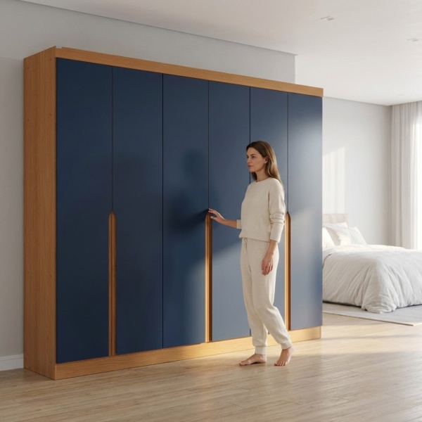 Roupeiro Esky 6 Portas com Gavetas em azul e carvalho, design moderno para quarto