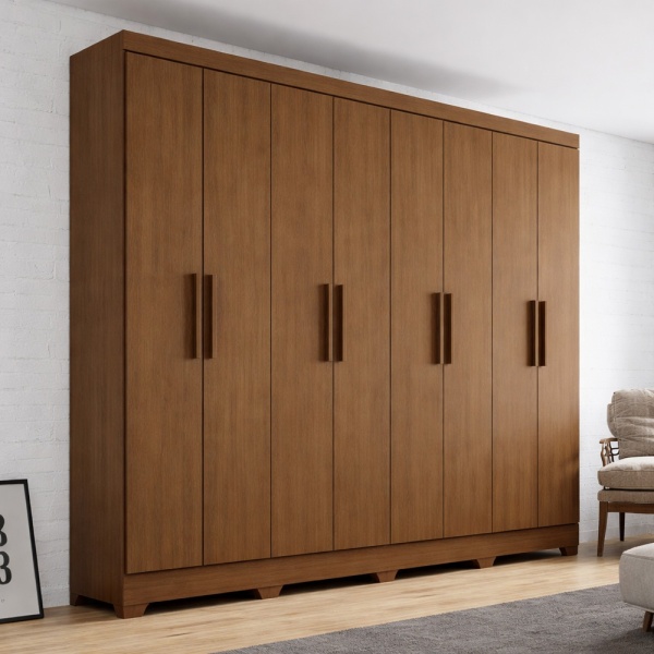 Guarda-roupa Bristol 8 portas Vicawu em ambiente de quarto aconchegante com acabamento amadeirado e castanho