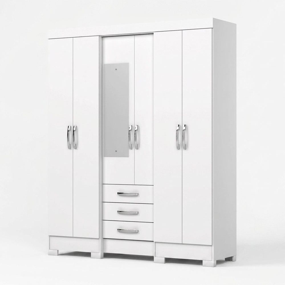 Guarda-roupa Antares com espelho frontal branco 6 portas e 3 gavetas design moderno