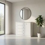 Cómoda Tilium Vicawu 4 gavetas branca em quarto moderno, com porta lateral e grande capacidade