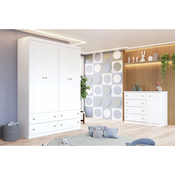 Cómoda Tilium Vicawu 4 gavetas branca em quarto infantil, design funcional com porta lateral