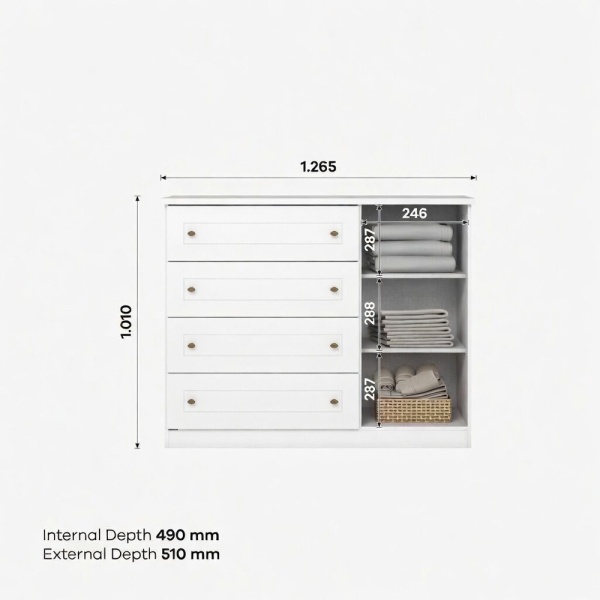 Cómoda Tilium Vicawu 4 gavetas com prateleiras, medidas 1265x1010 mm, 510 mm profundidade, branca moderna