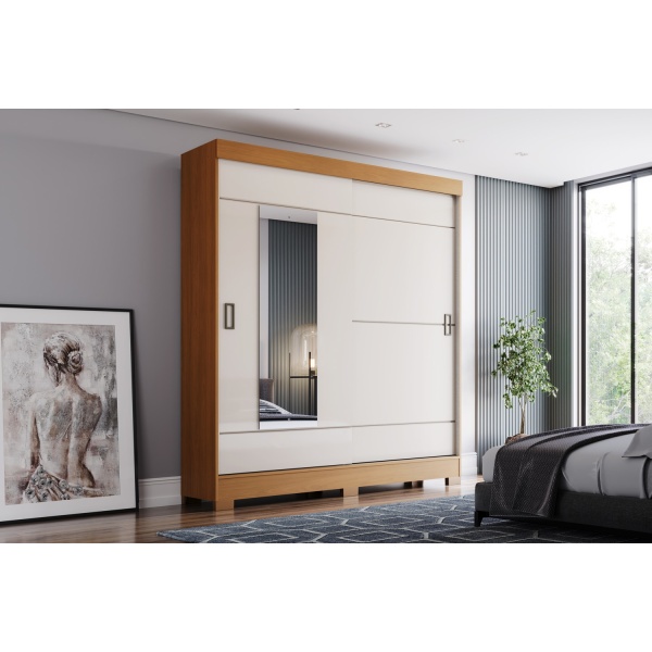 Roupeiro com gavetas Bayron em carvalho canela natural e bege, design moderno com portas de correr