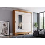 Roupeiro com gavetas Bayron em carvalho canela natural e bege, design moderno com portas de correr