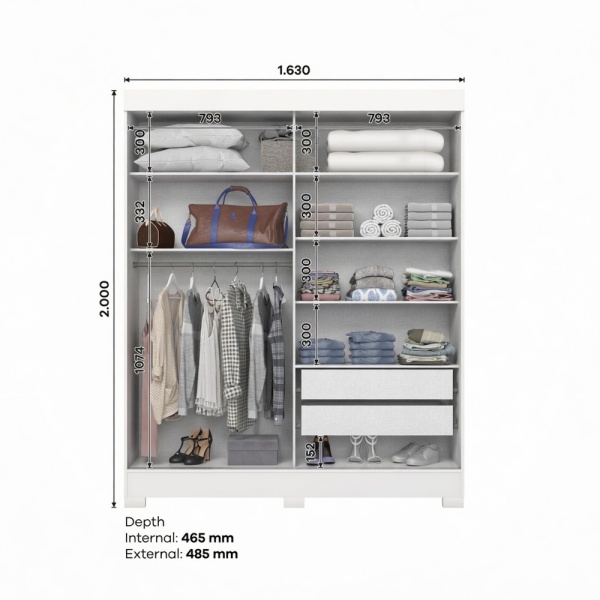 Dimensões roupeiro com gavetas Bayron 200x163 cm com distribuição interior detalhada