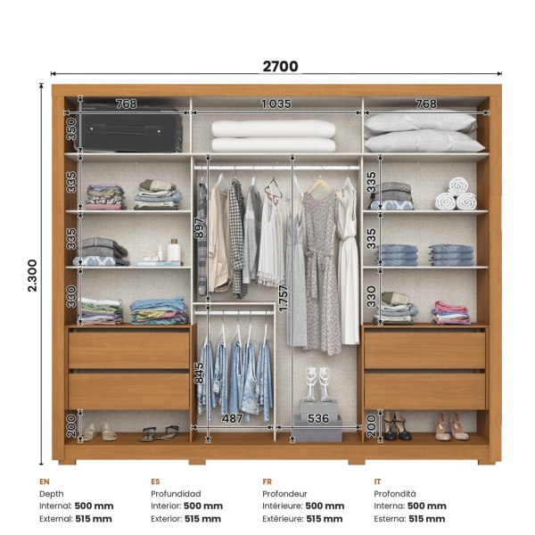 Medidas do roupeiro Genius 270 cm com distribuição interior e profundidade otimizada