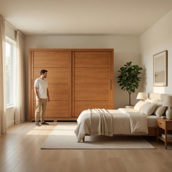 Roupeiro Genius em quarto moderno em carvalho canela com portas de correr