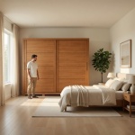 Roupeiro Genius em quarto moderno em carvalho canela com portas de correr