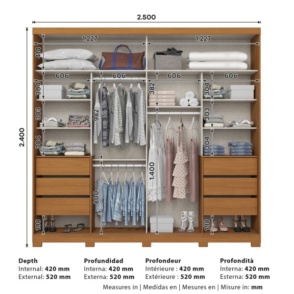 Medidas do roupeiro Rufus 250x240 cm com distribuição interior e profundidade
