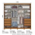 Medidas do roupeiro Rufus 250x240 cm com distribuição interior e profundidade