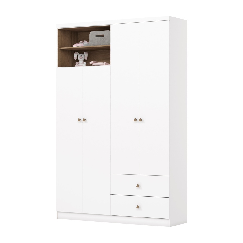 Roupeiro Gamil Vicawu 4 portas em branco brilho com gavetas e nichos decorativos