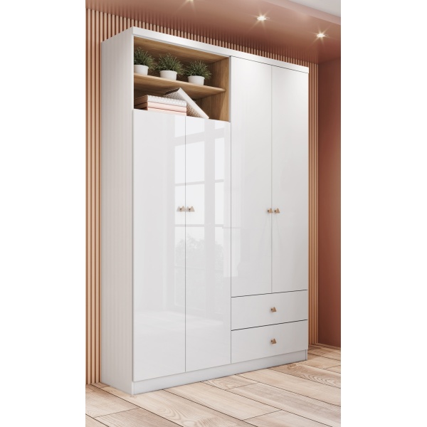 Roupeiro moderno Gamil Vicawu branco com detalhes em madeira para quartos elegantes
