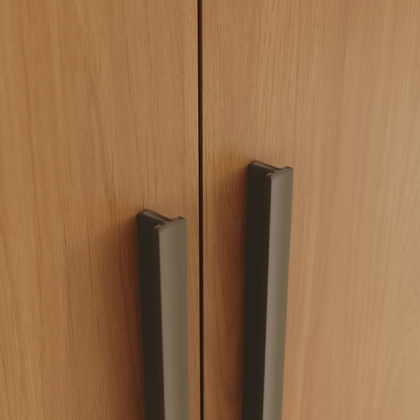 Detalhe dos puxadores do roupeiro Blenda Vicawu com acabamento castanho e estilo minimalista