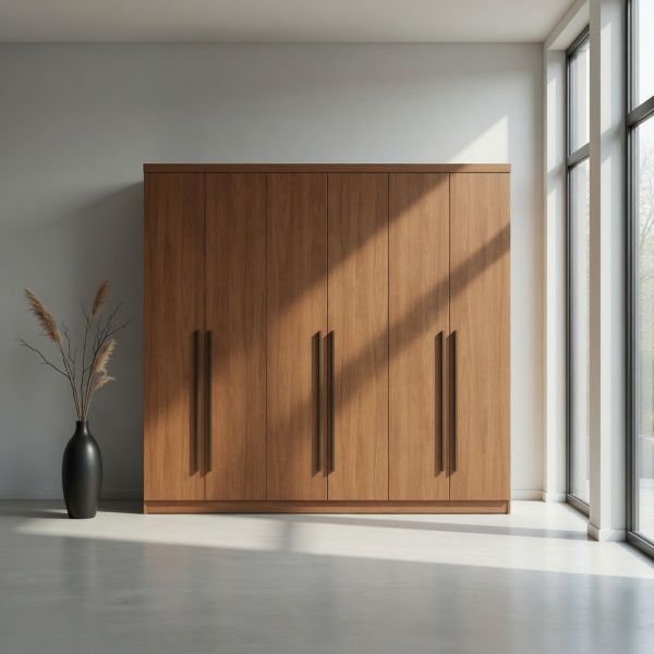 Roupeiro Blenda Vicawu 6 Portas com acabamento carvalho em quarto moderno e luminoso